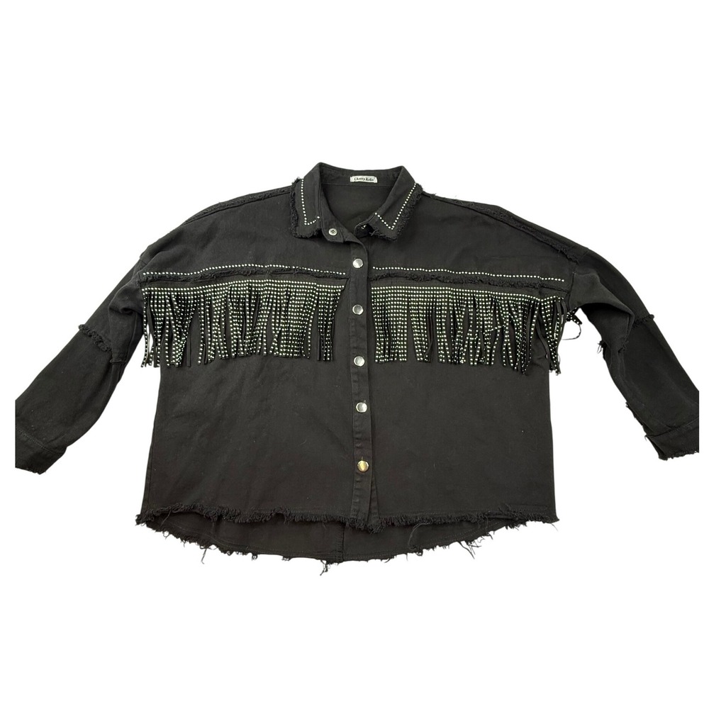 Cherry Koko‎ Black Denim jacket Rhinestone Fringe Distressed 2x - see notes
